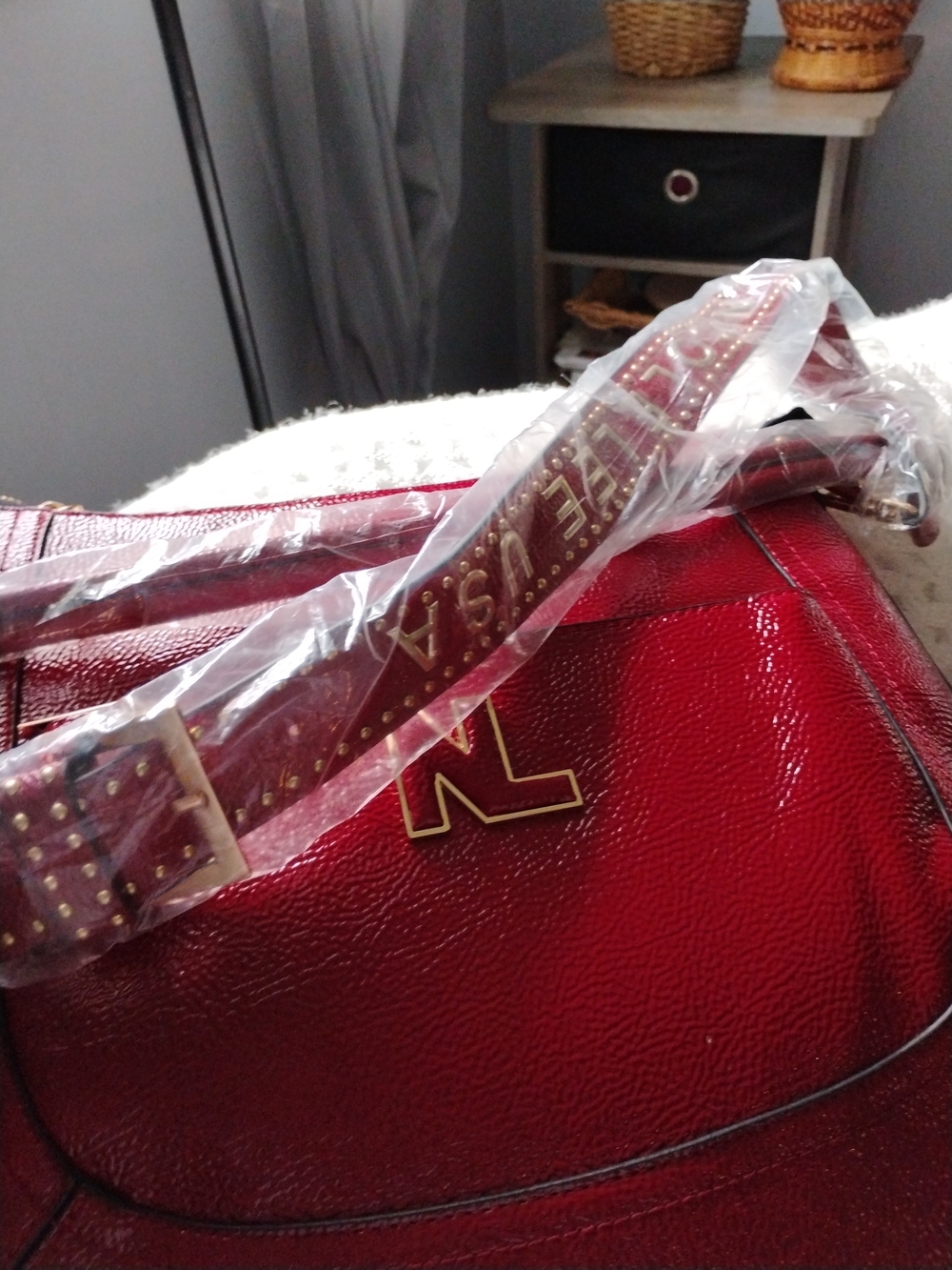 Nicole Lee Red Crossbody Bag with Gold Logo and Studded Strap